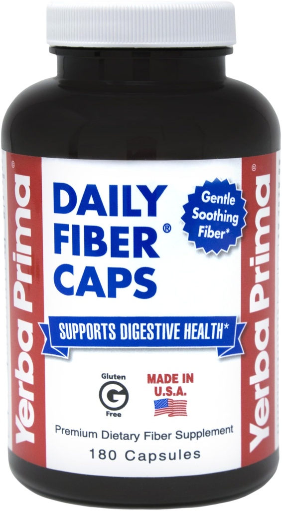 Yerba Prima Daily Fiber Caps - 180 Kapsułek - Rozpuszczalny i nierozpuszczalny suplement diety Fiber - Colon Cleanse - Gut Health - Vegan, Non-GMO, Gluten- Free