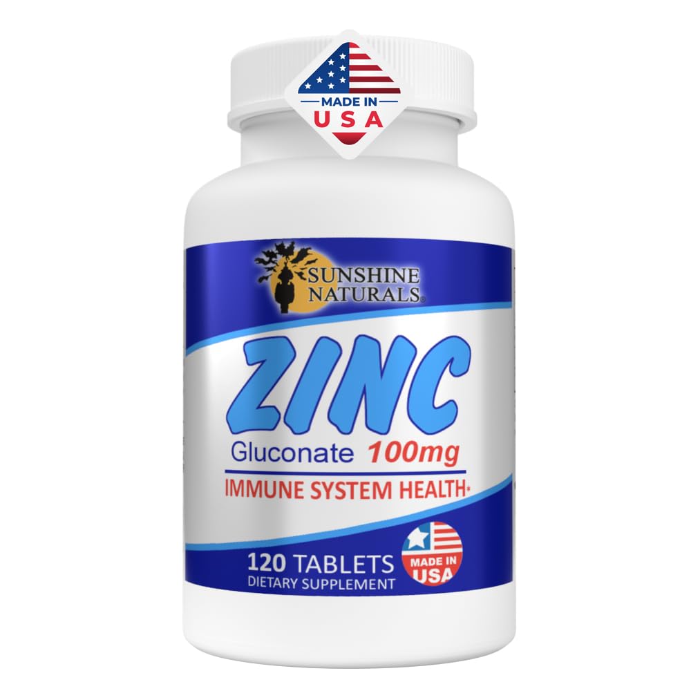Sunshine Naturals Glukonian cynku Suplement mineralny - Wspiera system immunologiczny, Promotes gojenie rany, Poprawia zdrowie skóry, Zapewnia przeciwutleniacz obrony - 100mg, 120 Tabletki, Wysoka potencja