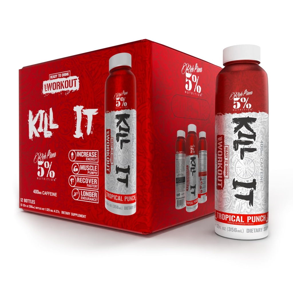 5% Odżywianie Kill It Ready- to- Drink High Stim pre Workout 124; 400mg Kofeina Energy Drink 124; Ekstremalna pompa, Endurance, Focus & Hydration Dinner 124; Cytrulina, Beta Alanina, Tauryna Dink 124; 12 Pack (Tropical Punch)