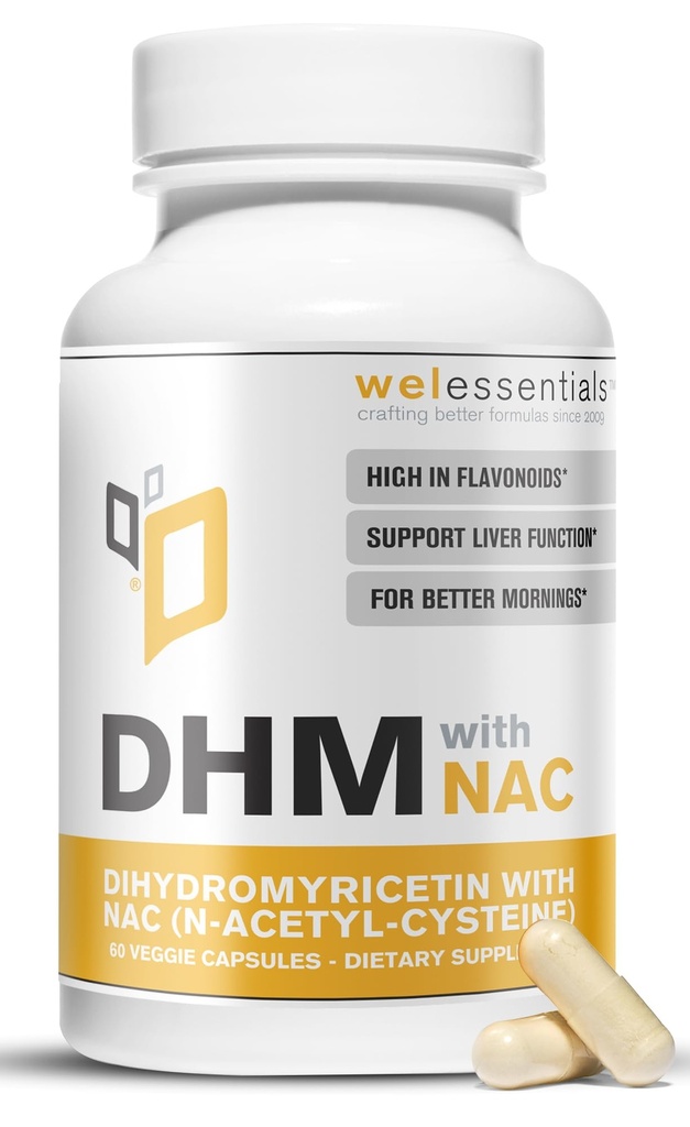 Dihydromyrycetyna DHM z NAC - 650mg x 60 Kapsułek - 300 mg N- acetylocysteiny, 350mg dihydromyrycetyny - Max Siła Suplement diety do wsparcia wątroby, Nawadnianie