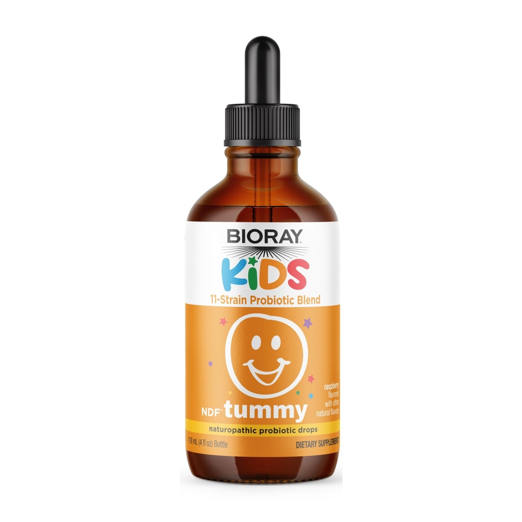 BIORAY Kids NDF Tummy, Malina - 4 fl oz (120 ml) - 11- Strein Probiotic Blend - Wspiera odpowiedź immunologiczną w GI Tract - Non-GMO, Wegan, Gluten Free - Approx. 120 Służenie