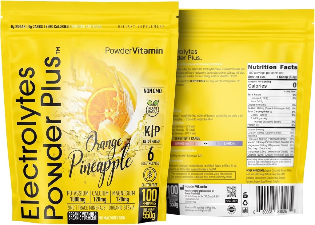 Proszek PowderWitamina Electrolytes Plus (100 Servings) Pomarańczowy Ananas Electrolyte Proszek Zero Calorie, Keto, 0 Cukier, Nie Maltodekstryna, 1000mg potasu, 120mg wapnia, 120mg magnezu, Proszek nawadniający