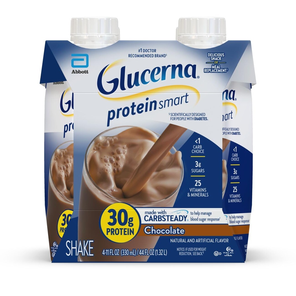 Glucerna Białko Smart Cukrzyca Pielęgnacja Shake, Czekolada, Cukrzyca Cukru Cukru Cukru Cukru Cukru, 30g Białko, 150 Kalorii, Gotowy do picia, 11- Fl- Oz Butelka, 4 Pack
