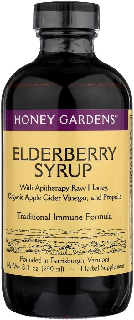 Tradycyjny wzór Elderberry & Honey immunologiczny Syrop Miód Ogrody 8 Oz Płyn