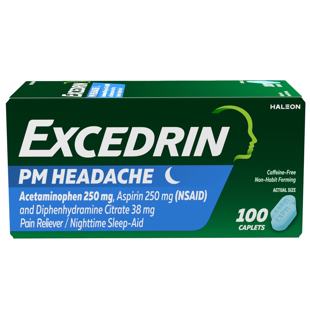 Excedryna PM na ból głowy Relief, Acetaminofen 250mg, Aspiryna 250mg, Difenhydramina Citrate 38mg, Pain Reliever, Nighttime Sleep- Aid, 100 Count