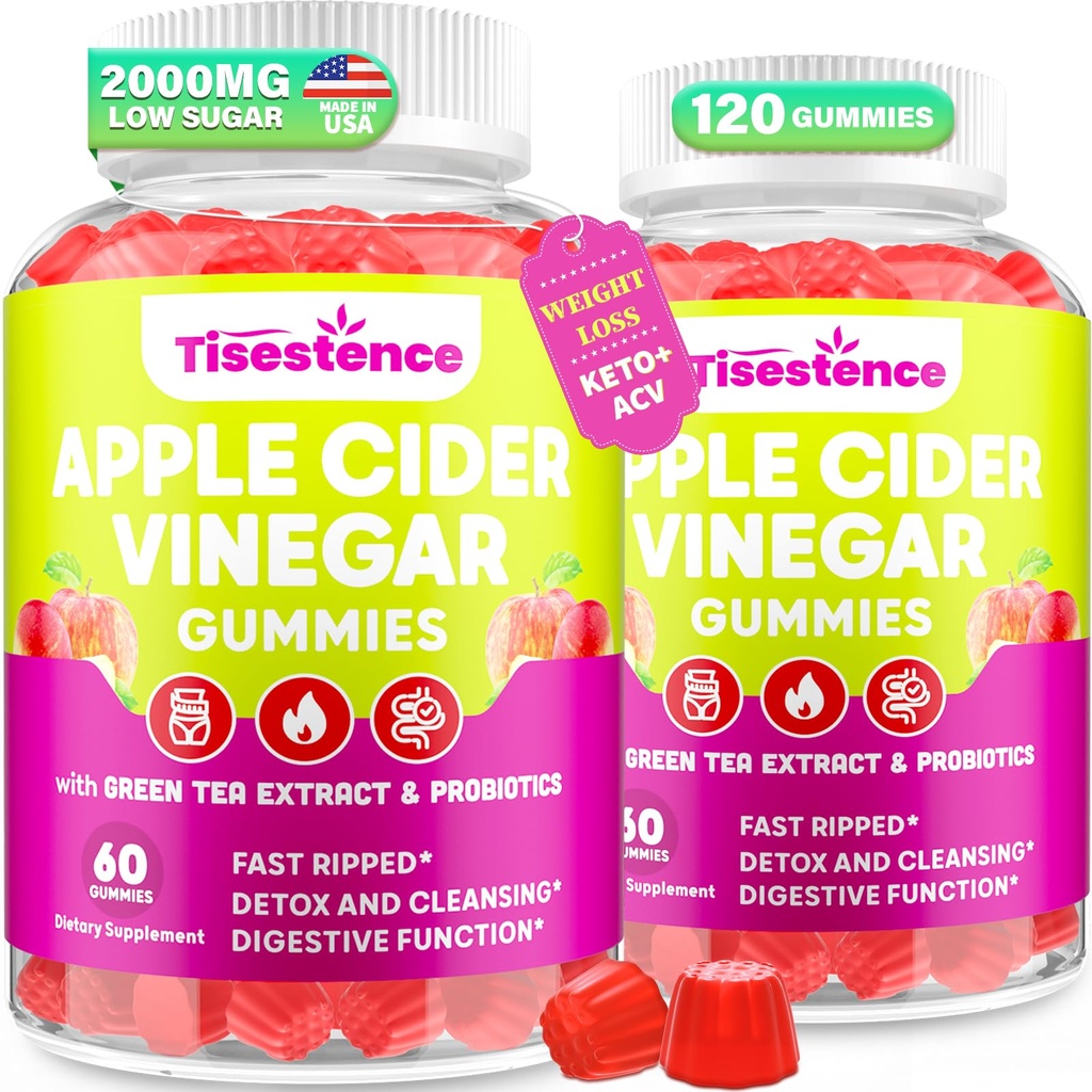 Jabłko Cydr Gummies Ocet, Keto Gummies ACV dla kobiet i mężczyzn, Jabłko Cydr Suplement Ocet z zielonej herbaty, B12, Probiotyk do detox Cleanse, Metabolizm i zdrowie pokarmowe, Wegan - 2 miesiące dostaw