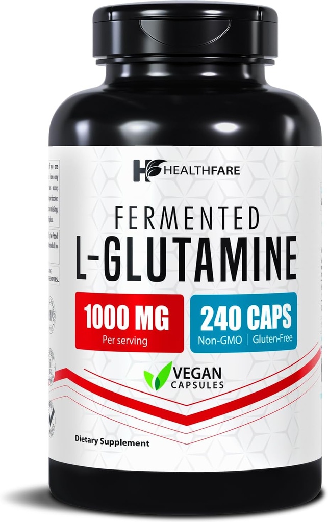 HealthFare L Glutamine 1000mg < 124; 240 Vegan kapsułki > 124; Supports Amino Acid Supplement ≤ 124; Supports Digestive Balance, Nutricent Absorption & Muscle Recovery ≤ 124; Non - GMO, Gluten- Free > 124; Made in USA