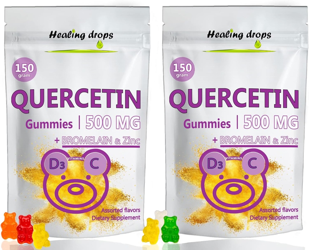 Quercetin z gumkami bromelainowymi - Witamina C + Cynk + Witamina D3 - Quercetin 500mg Gummeje dla dzieci i dorosłych (2 opakowania)