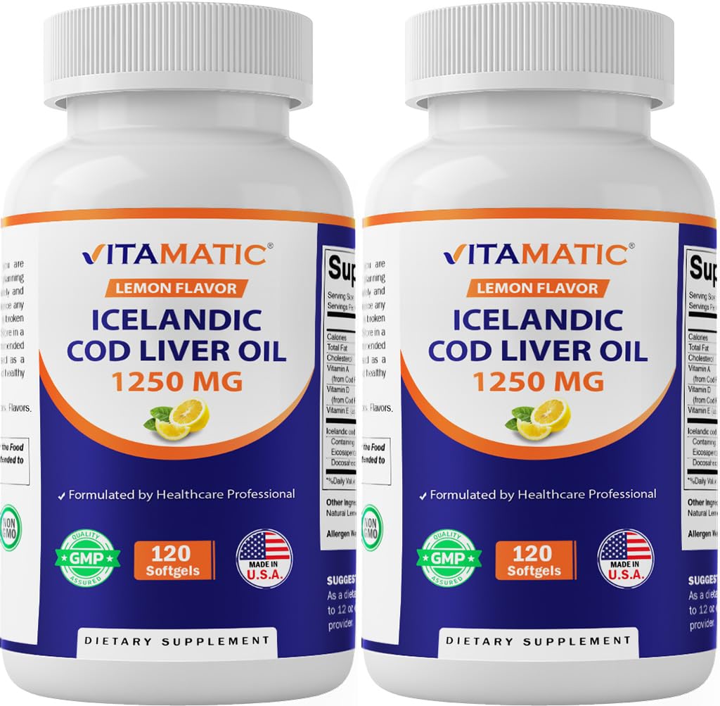 Vitamatic 2 Pack Islandzki olej wątrobowy kapsułki 1250mg 120 Softgels (Lemon Flavor) - Promotes Cardioviral Health