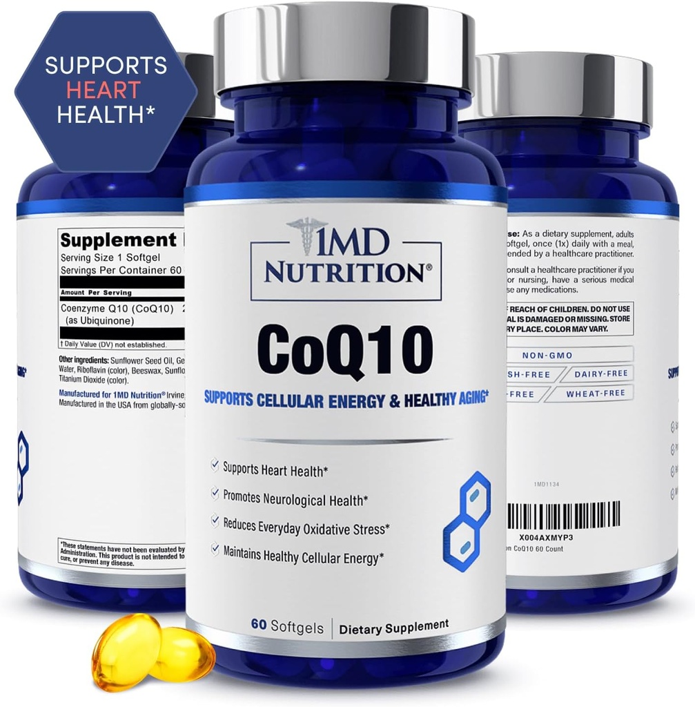 1MD Nutrition CoQ10 - for Heart Health & Cellular Energy Production - Health Supplement for Men & Women - Coenzym Q10 Softgel - 60 Dni