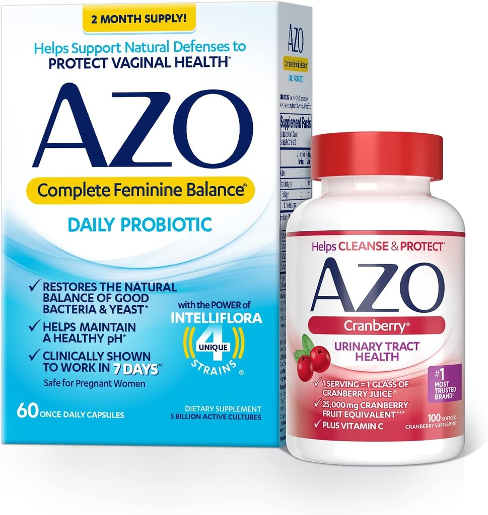 AZO Complete Feminine Balance Daily Probiotics for Women (60 Count) + Cranberry Softgels for Urnary Tract Health (100 Count)