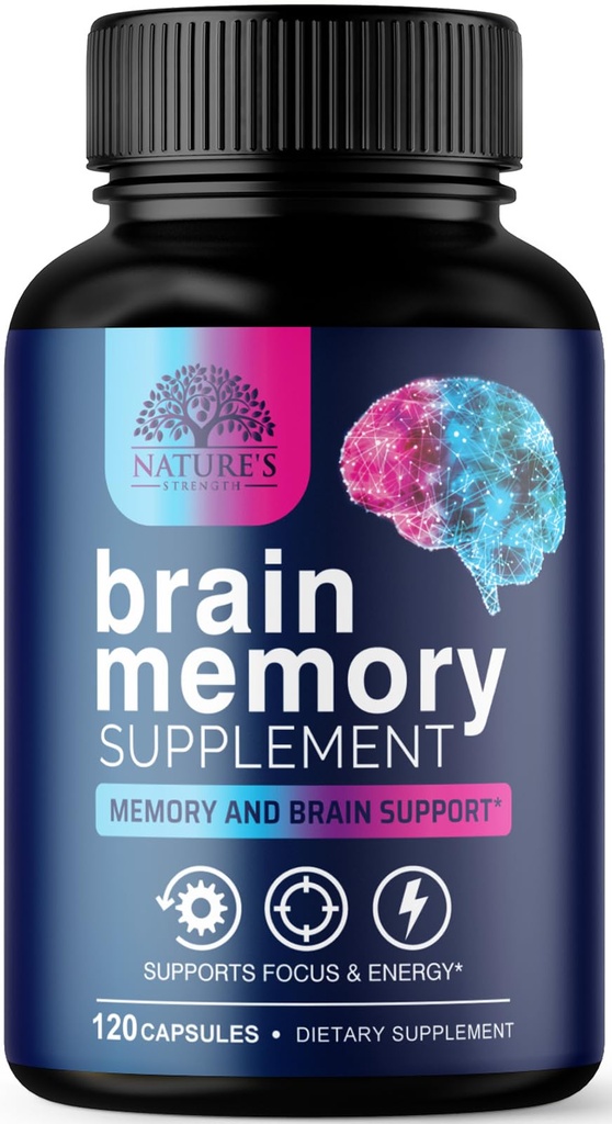 Brain Memory Supplement Pills - 3X Strength Nootropics for Concentration, Clarity & Focus Support - Brain Health Cognitive Vitamins with Bacopa, Phosphatidylserine & DMAE, Brain Booster - 120 Capsules