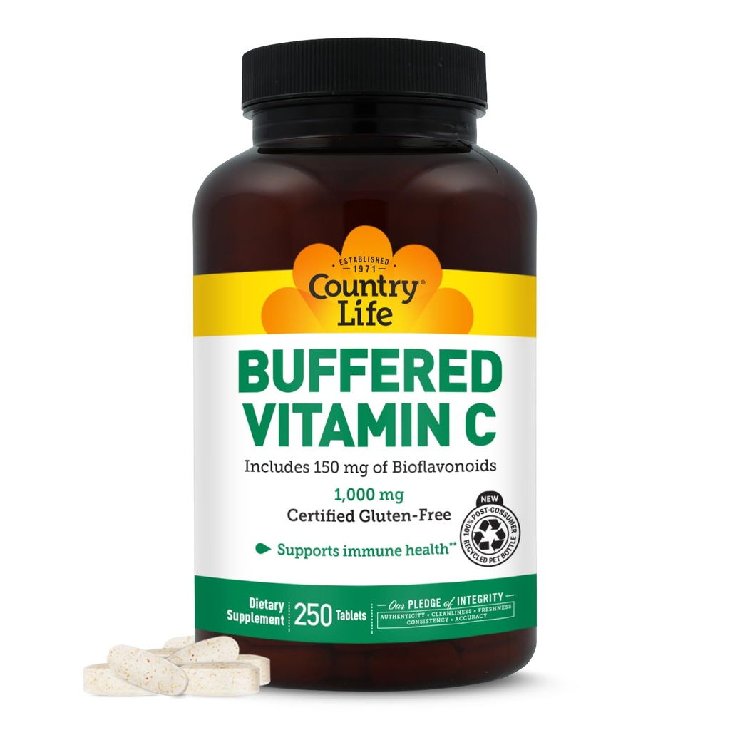 Kraj Życie Buforowany Witamina C 1000mg z bioflawonoidami, Wapń, Magnez, Potas - Wsparcie immunologiczne, Kapsułki wegańskie, Gluten- Free, Delikatnie na stomach - 250 Tabletki