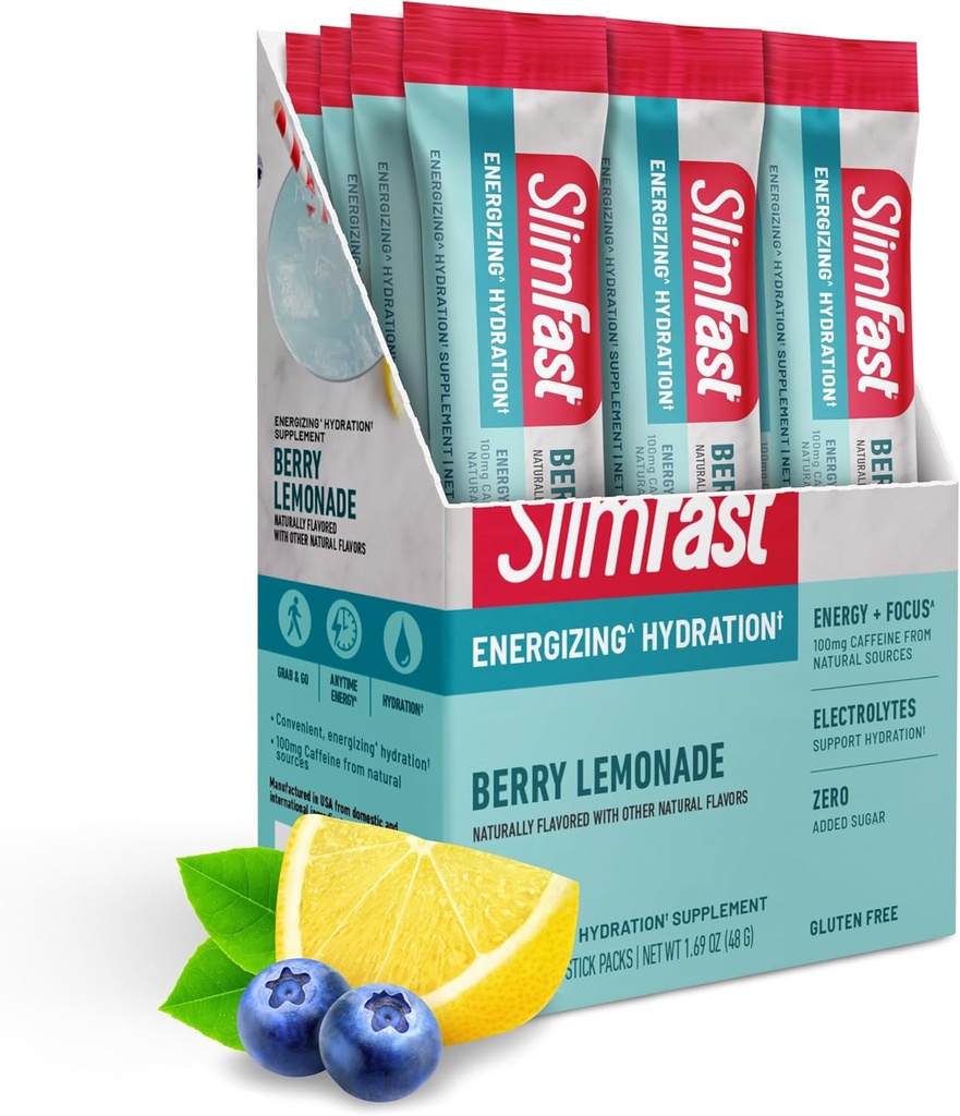 SlimFast Pakiety nawadniające, elektrolity z przerywanym postem, paczki z mieszanką nasączoną, proszek z przerywanym postem, mieszanka z proszkiem energetycznym, kofeina, elektrolity do nawadniania, lemoniada jagodowa (12 liter)