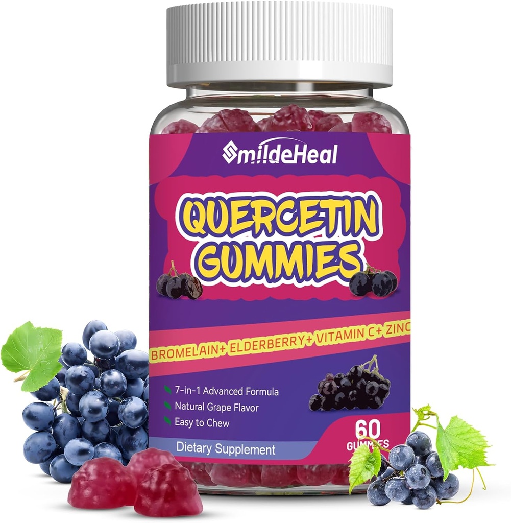 Gumiaki Quercetin 1200MG, Gumiaki Quercetin z bromelainem, Witamina cynku C, Gumiaki suplement Quercetin dla dorosłych i dzieci, 60 Gumiaki wegańskie
