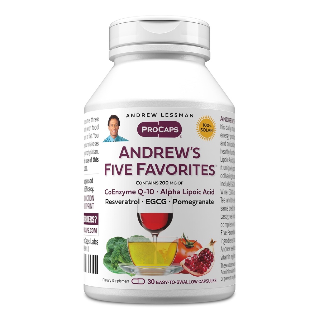 ANDREW LESSMAN Andrew 's Five Favorites 30 Kapsułki - Zapewnia 200mg Każdy z koenzymu Q- 10, Resveratrol, EGCG, Pomegranat i kwas lipoinowy alfa, Potężne wsparcie przeciwutleniające, Brak dodatków