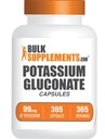 BulkSupplements.com Glukonian potasu Kapsułki - Suplement Glukonian potasu, Glukonian potasu 99mg, Suplement potasu - Bez glutenu, 1 Kapsułka na serwowanie, 365 Kapsułki (Opakowanie po 1)