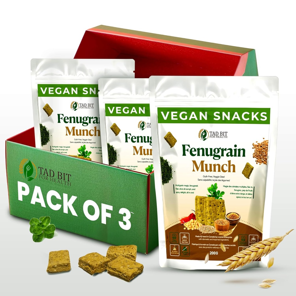 Tad Bit 's Fenugrain Munch' s 124; Premium Indian Handmade Salty Vegan Snacks Crackers 124; Plant Based Vegan Zdrowe przekąski dla dorosłych i dzieci 124; Dairy Free, Sugar Free Snacks 124; Low Calorie Whole Wheat Digestive Biscuits (3 Pack, 600, Gram)