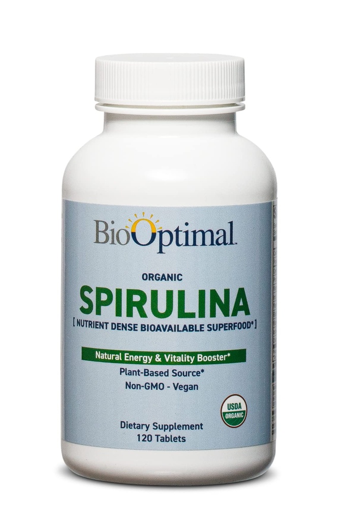 BioOptimal Organic Spirulina Tablets - Organic, Non-GMO, No Additives or Fillers - 500mg Premium Quality Dietary Supplement with Vitamin, Minerals, & Antioksydants (120 Tablets)