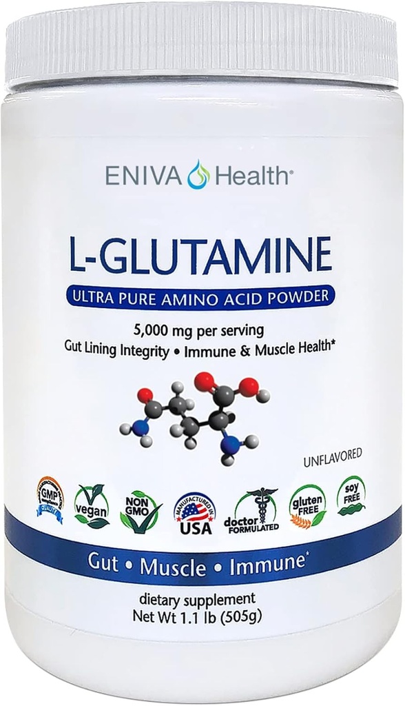 Eniva Health L- Glutamine Pure Powder, Unflavored (101 Servings) Xi124; Wegan, Gluten- Free, Sugar- Free, Non-GMO Xiv124; Doctor- Spreparowane, USA Made Xiv124; Gut Health, Leaky Gut, Bloating, Muscle Health, Immune System