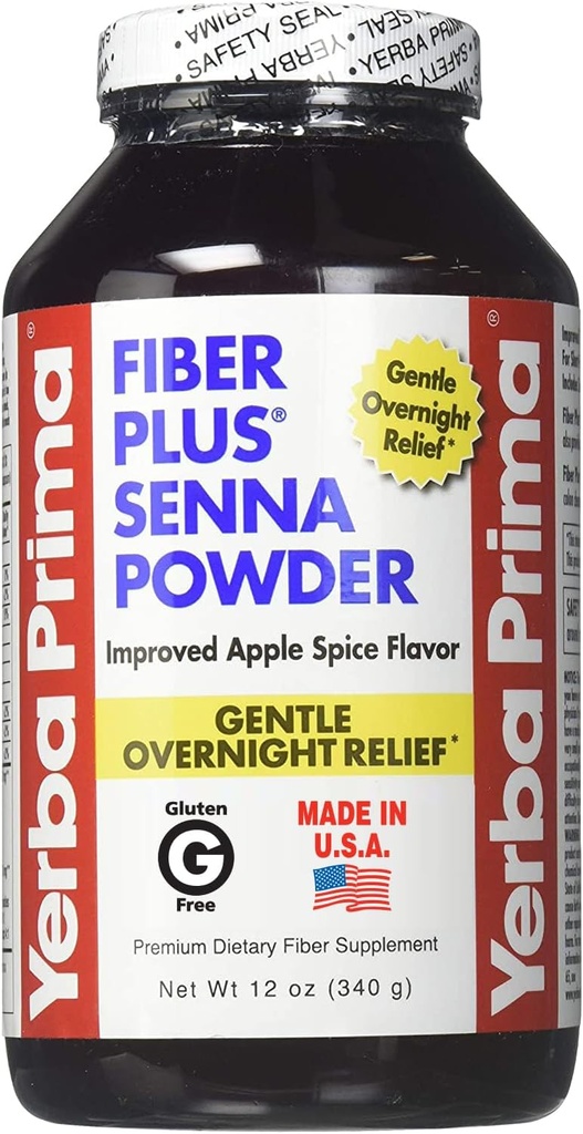 Yerba Prima Fiber Plus Senna Powder, 12 unce - do krótkotrwałego użycia do przywracania regularności, Ulepszony aromat przyprawy jabłkowej, Stewia Sweetened, Zapewnia łagodną nocną ulgę