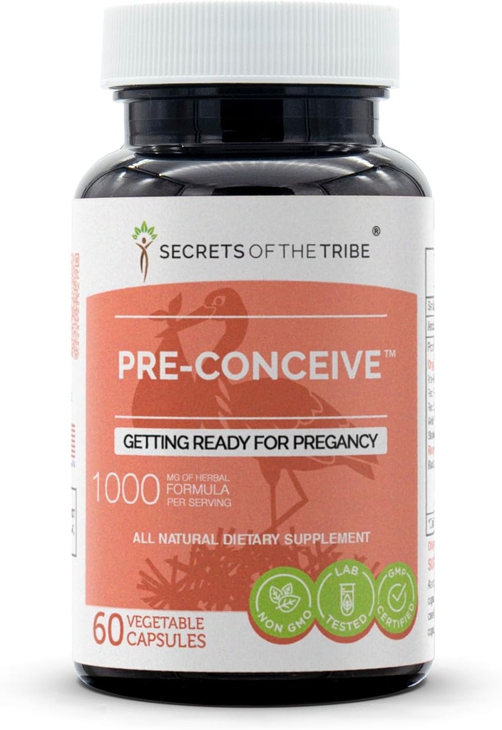 Tajemnice przed-poczęcia plemienia, 60 Kapsułki, 1000 mg, Vitex, Czerwona Malina, Czarny Cohosh, Czerwona koniczyna, Biały Peony, Shatavari. Przygotowanie do Pregancy 60 Kapsułki