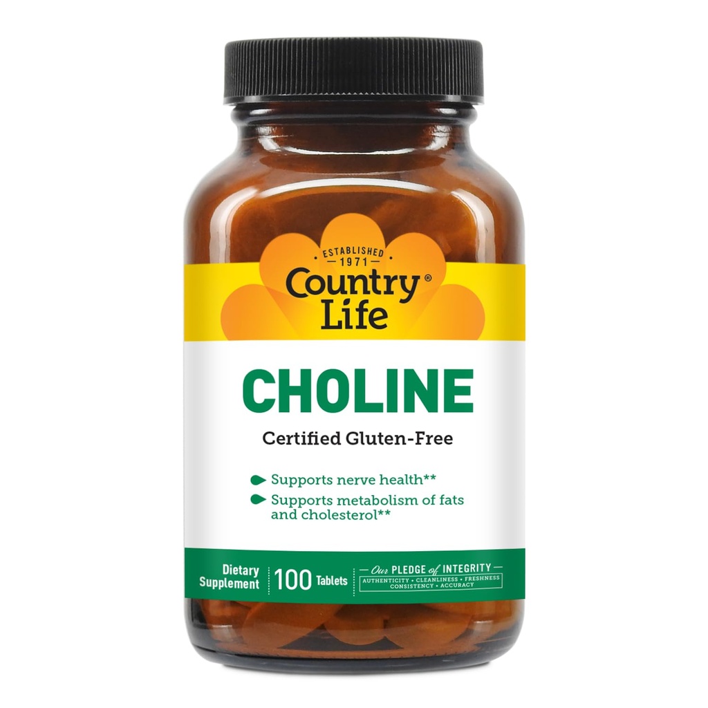 Country Life Choline 266mg, Certified gluten Free, Certified Vegan, Certified Halal - 100 Tabletki