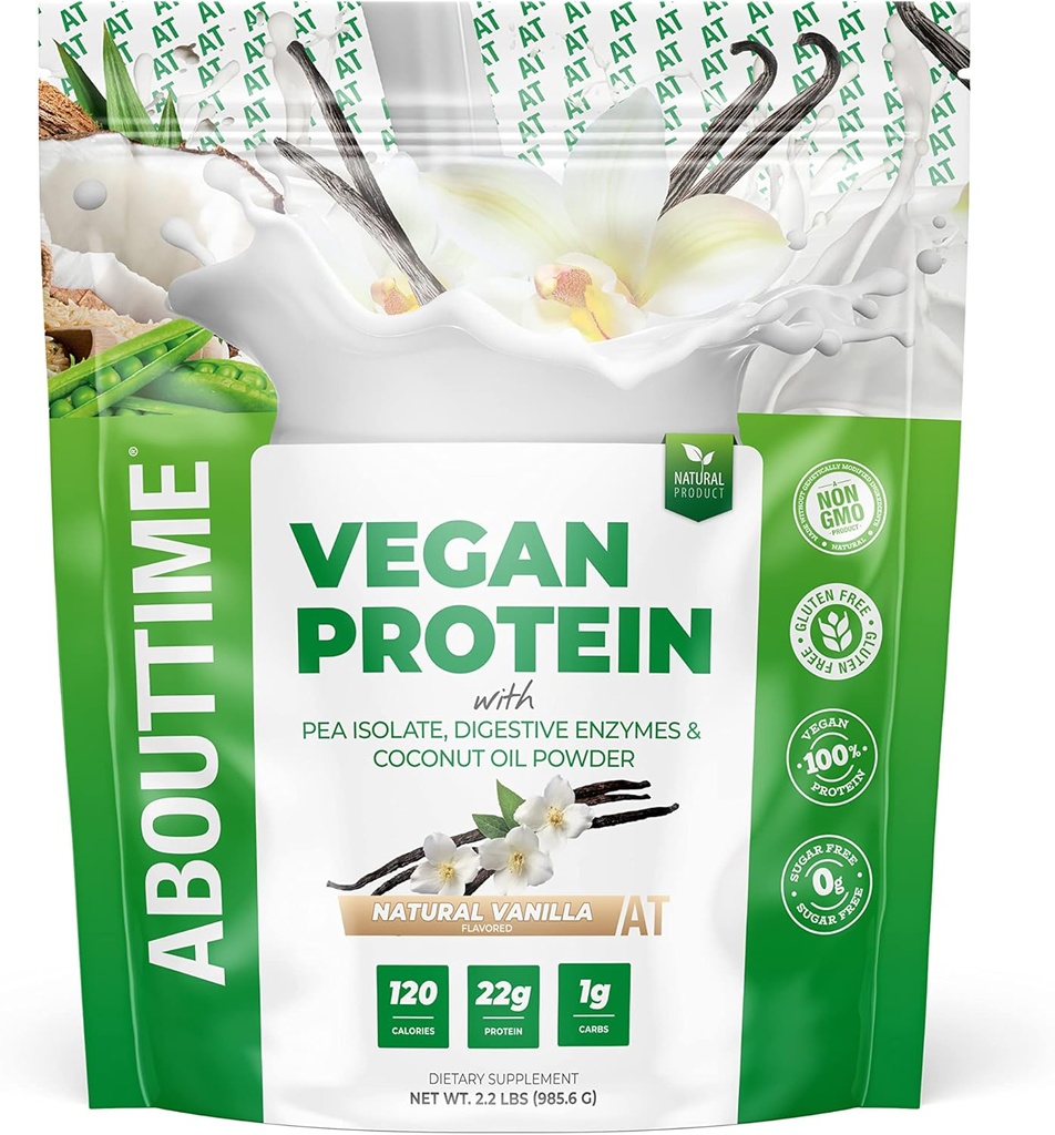 About Time Vegan Protein Powder 22g Vanilla, Natural Ingredients, Non-GMO, Plant Based, Gluten Free, Soy Free, Dairy Free, 32 Servings