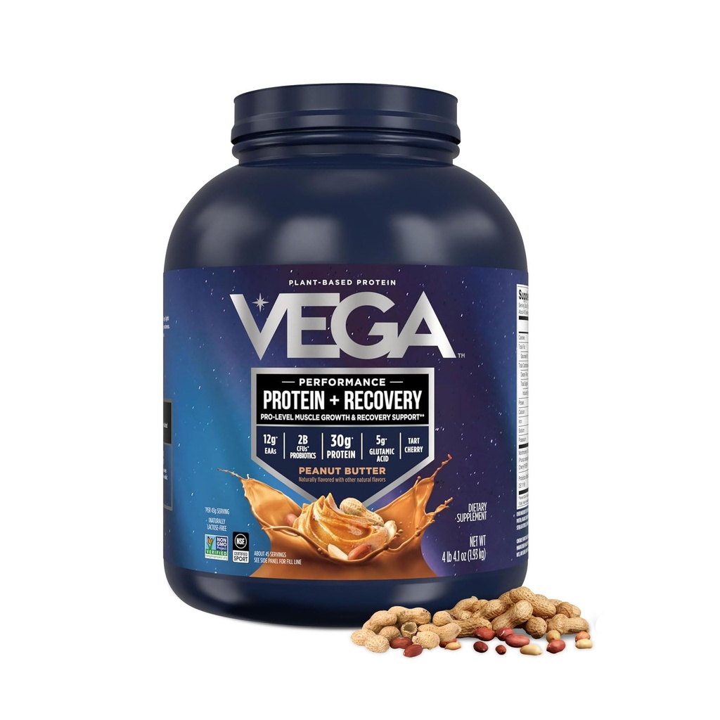 Vega Sport Vegan Protein Powder + Odzysk - 30 g Białko roślinne na Serving, Masło orzechowe, 45 Służenia, 5g BCAA, Probiotyki, NSF Certified, dla Shakes & Smoothies, 4.2lbs (Packaging May Vary)