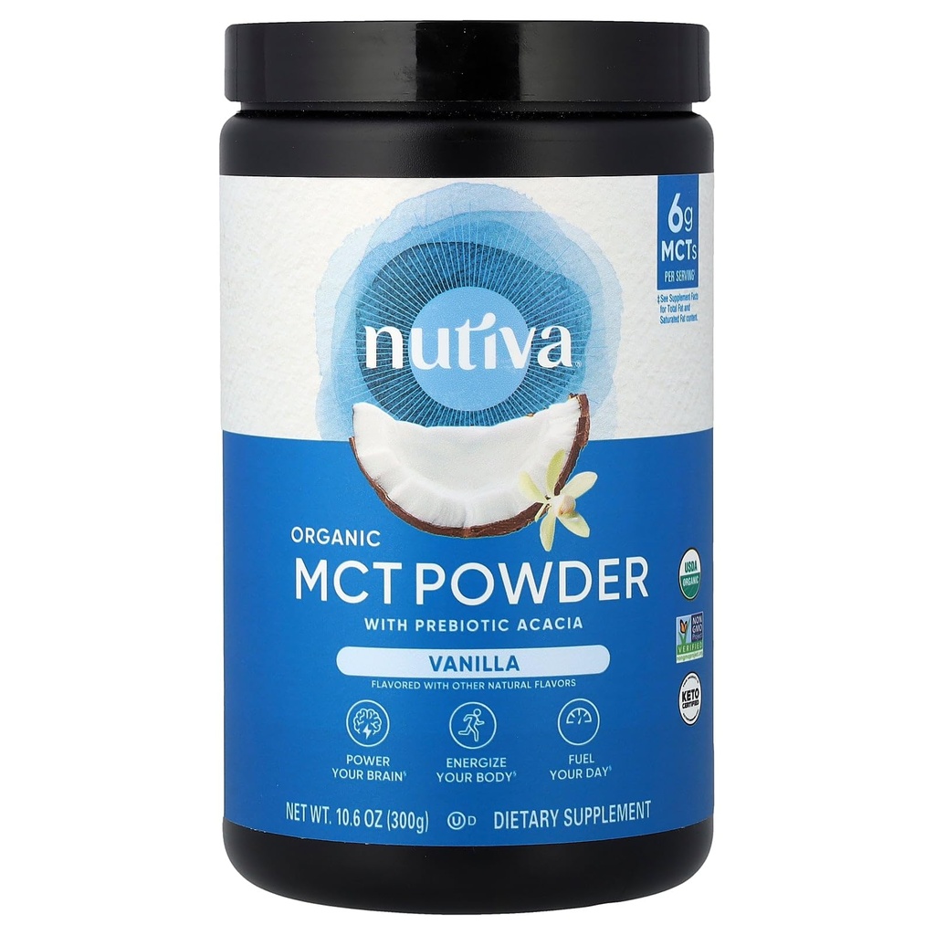 Nutiva Organic MCT Proszek z Prebiotic Acacia Fiber, Vanilla, 10.6 Oz, USDA Organic, Non-GMO, Non-BPA, Wegan, Gluten- Free, Keto & Paleo, Natychmiastowy napój lub Boost do kawy i koktajli