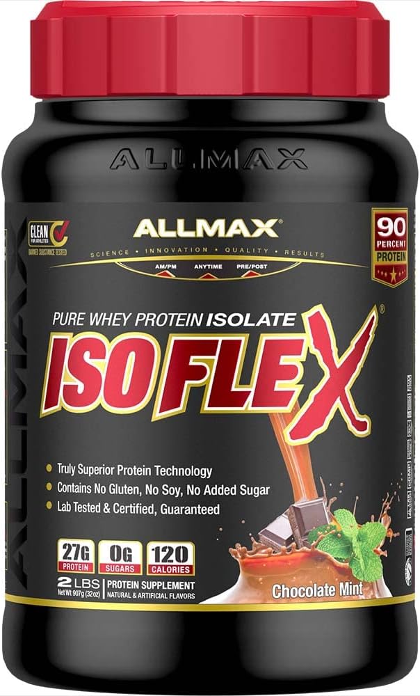 ALLMAX Nutrition - ISOFLEX Proszek z białka serwatki, Izolat białka serwatki, białka 27g, mięta czekoladowa, 2 funty