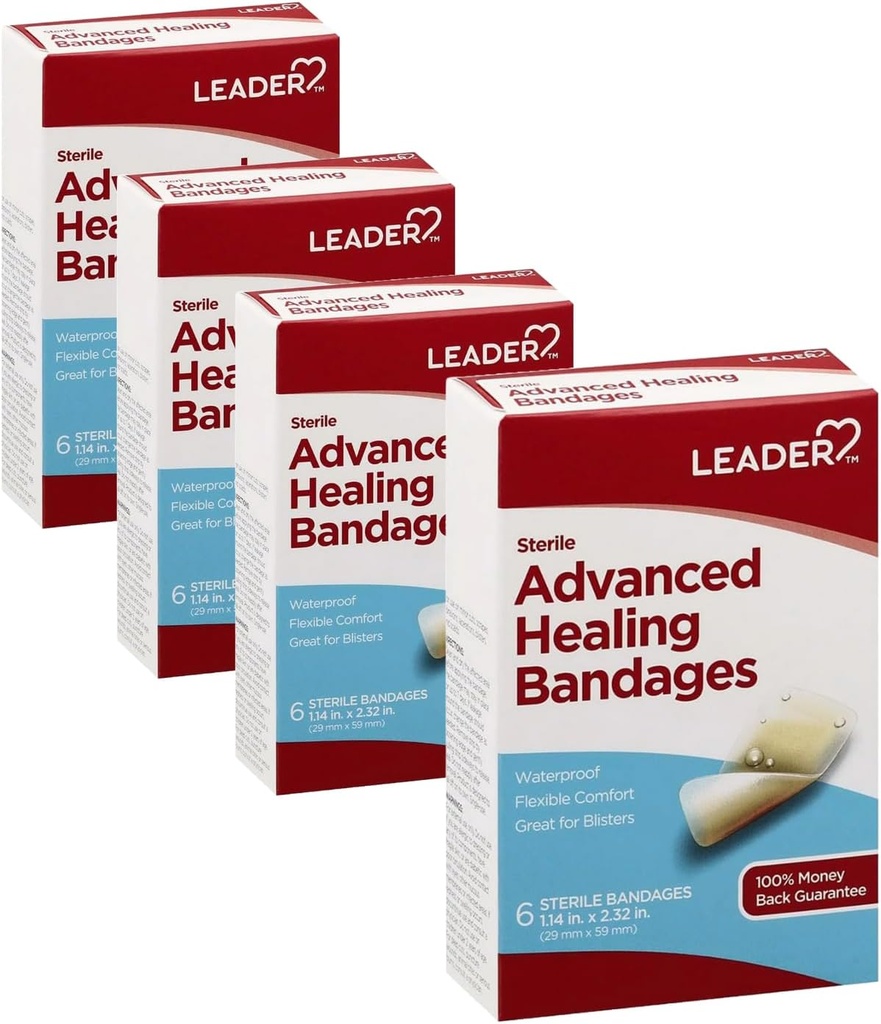 Lider Adhesive Bandaże Zaawansowane Uzdrowienie, Duży jeden rozmiar, 6 Count - wodoodporne i elastyczne - 4 Pack
