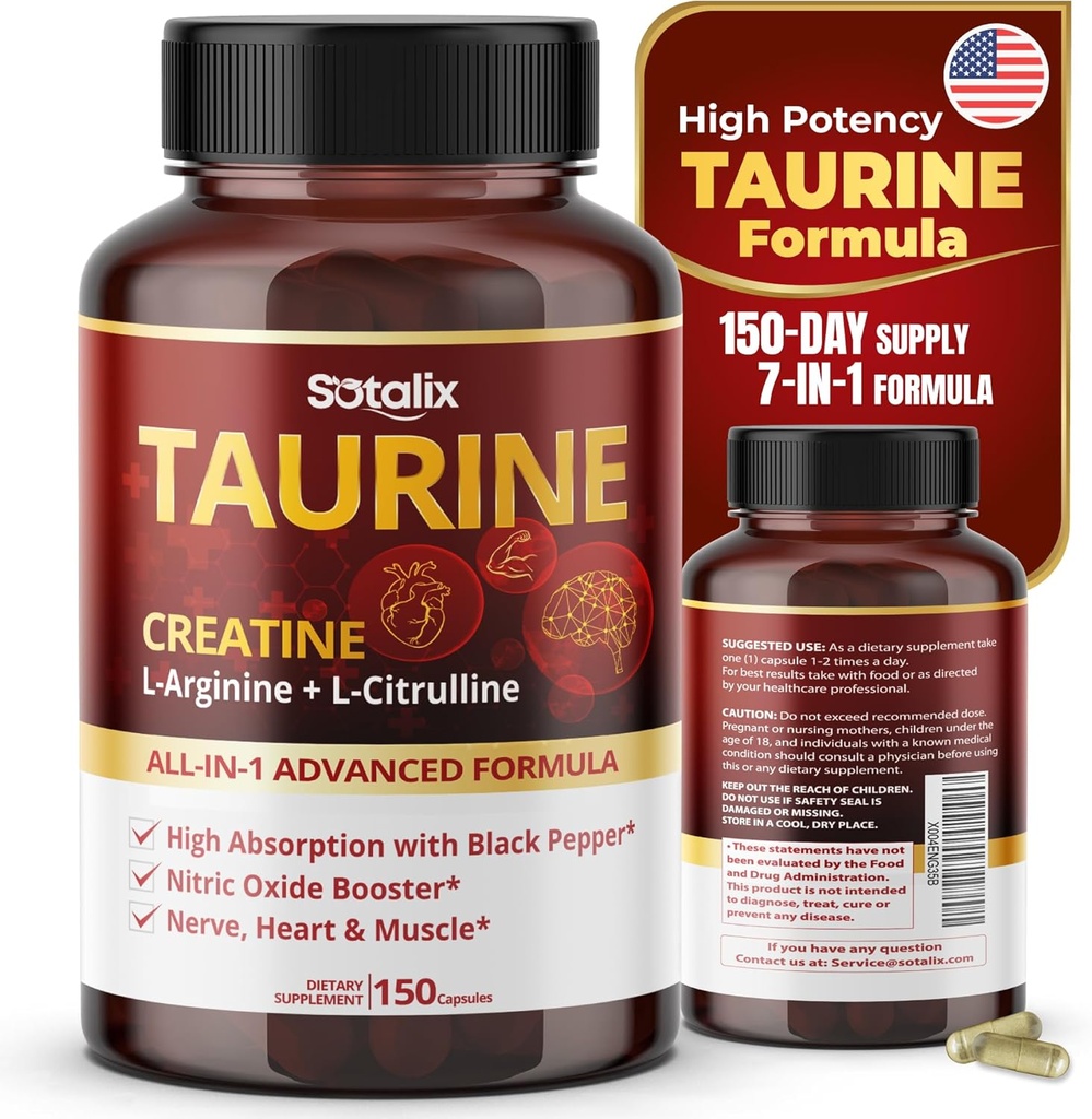 Tauryna z Creatine, L- Arginina, L- Cytrulina Wysoka Absorpcja z Black Pepper Nitric Oxide Booster, Mięśnie USA Made & Tested (150 Count (Pack of 1))