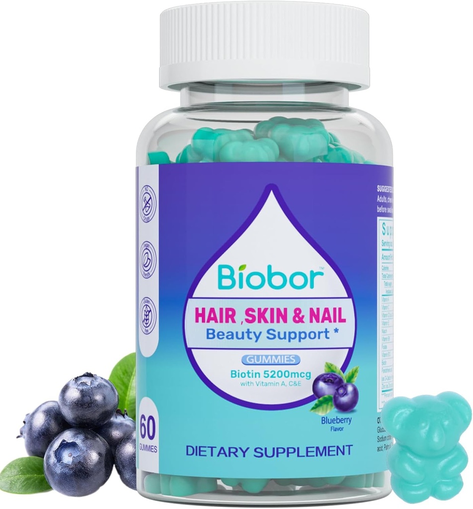 Włosy skóry i paznokci Witaminy Gummies, 5200 µg Biotin Vegan suplement do żucia dla kobiet mężczyzn z witamin A C D E, Blueberry Flavored, 60 Count (Random Packing)