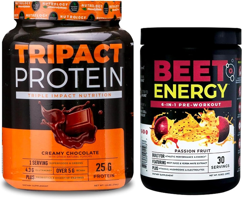 Nutrologia Buraki Natural O2, Wstępny trening w proszku, Passion Fruit Flavor (30 Servings) TRIPACT Protein Powder, 7- in-1 Mieszany shake zastępczy, Kremowy aromat czekoladowy (20 Servings)
