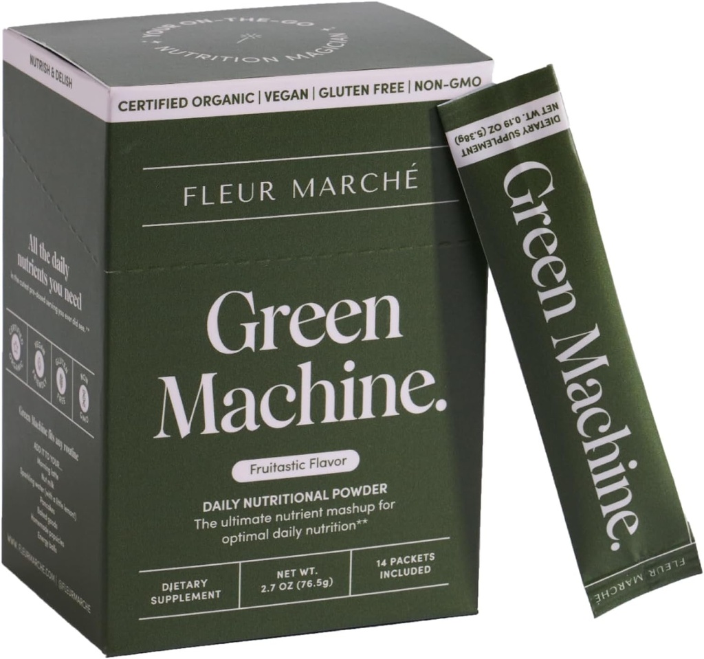Fleur Marche Green Machine Super Zielone Pakiety w proszku - Zielone Zielone, Owoce i Probiotyki - Superfoods dla trawienia, Energia, Microbiome Support & Detox - On- The- go Zielony Sok - 14 Pakiety
