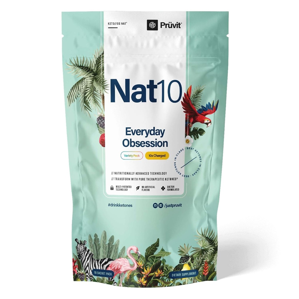 Pruvit - KETO / / OS NAT Codziennie Obsesja Nat10 Odmiana Pack - Wzmocnienie klarowności mózgu, Wzmocnienie energii - 10 x Pakiety ładowane