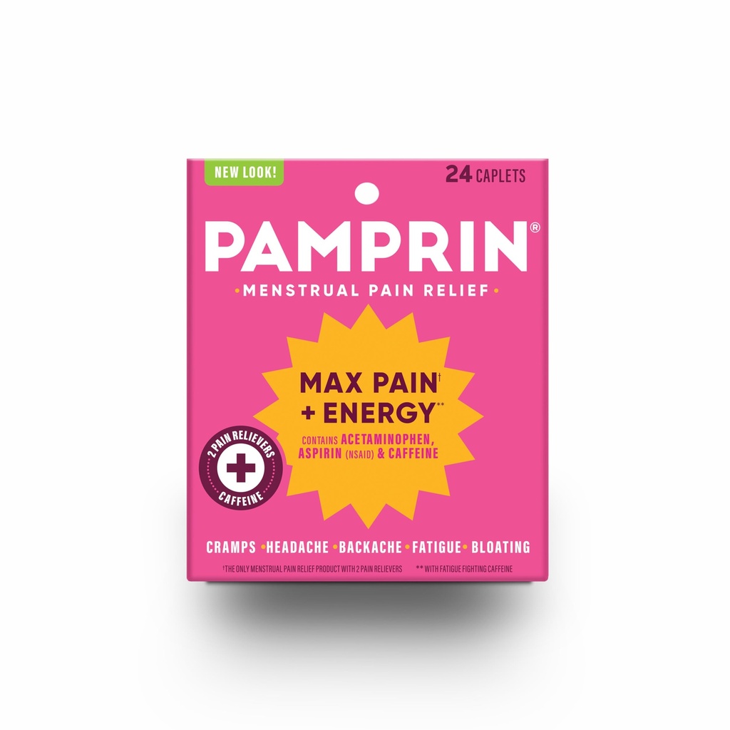 Pamprin Maksymalna siła Max Pain Pain i formuła energii, menstruacyjne objawy ulgi dla skurczów, wzdęcia i zmęczenia, 24 Kapsułki