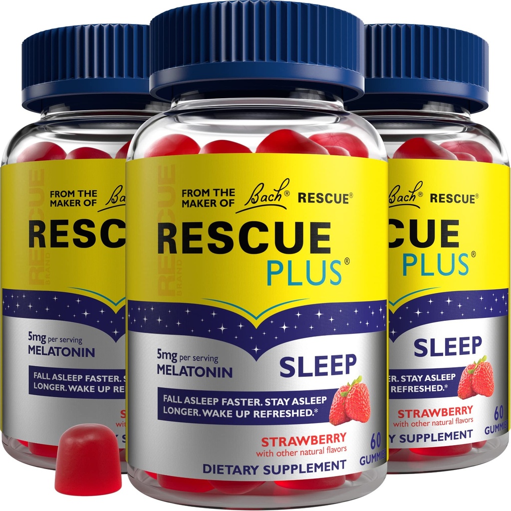 Bach Rescue Melatonin Melatonin Gummies, Natural Strawberry Flavor, Pomoc na sen, Suplement diety, Wegan, Gluten- Free, Brak sztucznych aromatów, Kolory lub słodziki, 3 Pack, 180 Licz ogółem