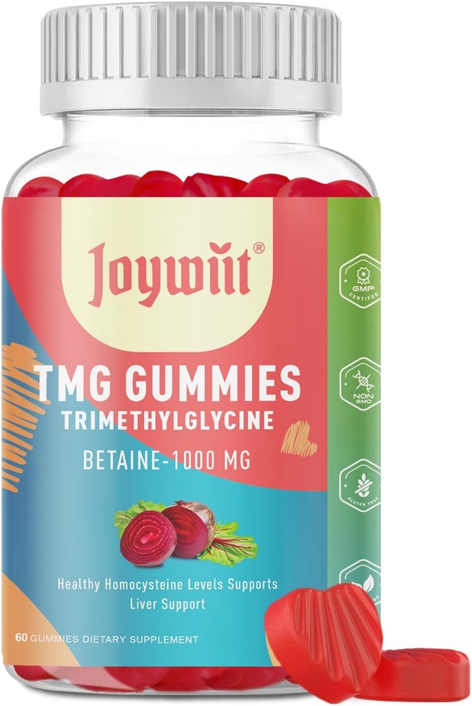 Tmg Trimetyloglicyna Gumies Suplementy 1000mg Betaine Bezwodny Tmg Gumies, Homocysteina Poziomy, Energia, Metylacja i Wsparcie immunologiczne, Zdrowie wątroby, Gluten Free, 60 Ct