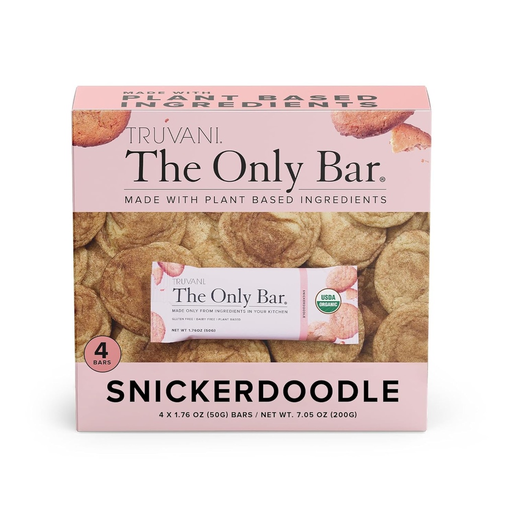 Truvani Plant Based Snack Bars: 124; Snickerdoodle 4 Pack: 124; 5g Protein: 124; USDA Organic and Vegan: 124; The Only Bar Month 124; Dairy, Soy i Gluten Free: 124; Indywidualnie owinięte