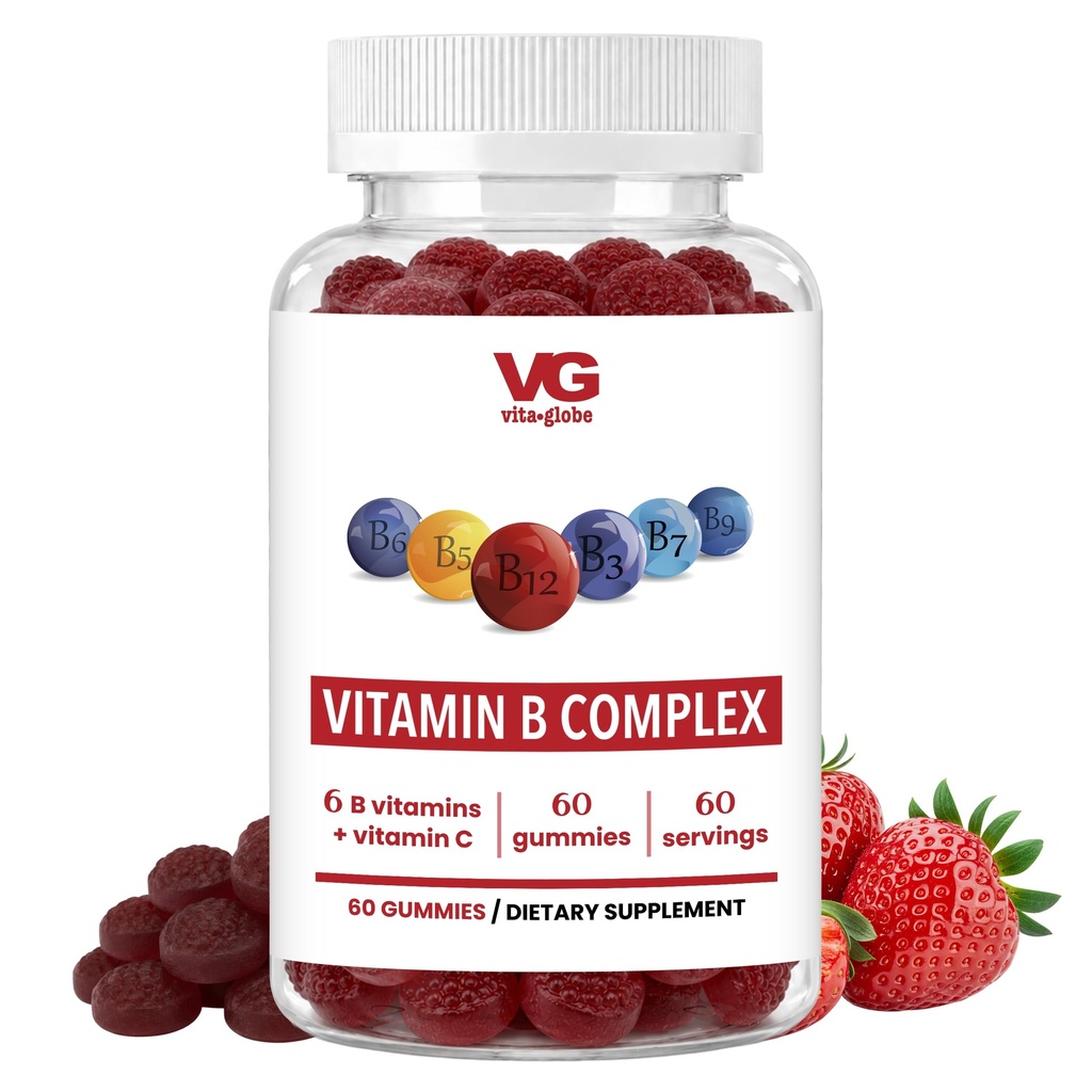 VITA GLOBE B Complex Gummy Vitamin - Strawberry Flavor z witaminą C, Niacyna, B6, B12 i Biotin 124; Codzienne Suplementy dla Energii, Metabolizm i Wsparcie Kognitive 124; 60 Gummies (Opakowanie 1)
