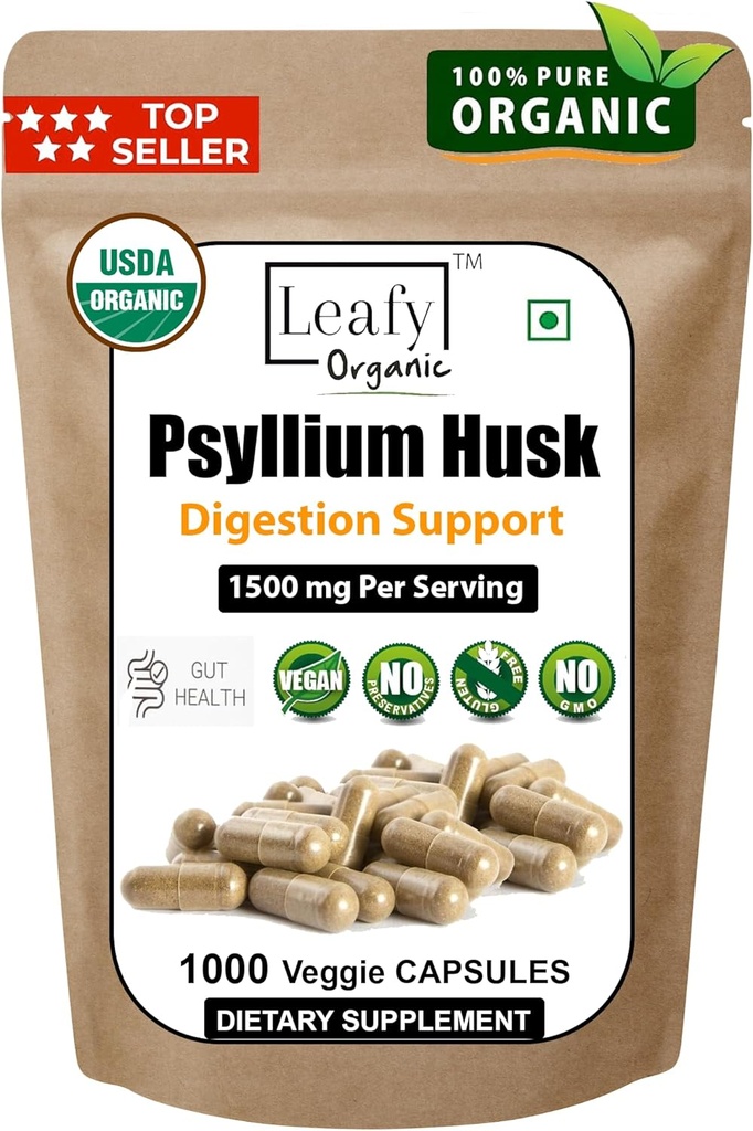 Pyllium Husk 1500mg Per Serving, 1000 Kapsułek - Podwójna wytrzymałość - Premium Pzyllium Fiber Supplement - Doskonały do trawienia i regularności - 100% Natural Solvable Fiber