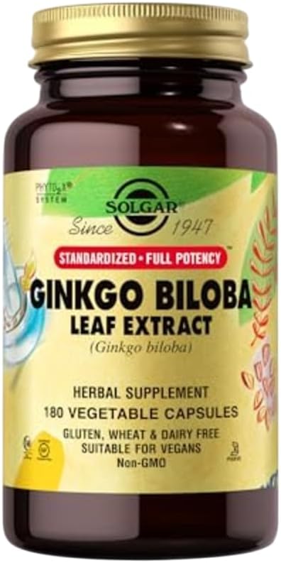 Solgar Ginkgo Biloba Leaf Extract - 180 Kapsułki wegetatywne - Standaryzowane Full Potency (SFP) - Non-GMO, Wegan, Gluten Free, Dairy Free, Kosher, Halal - 180 Sługi