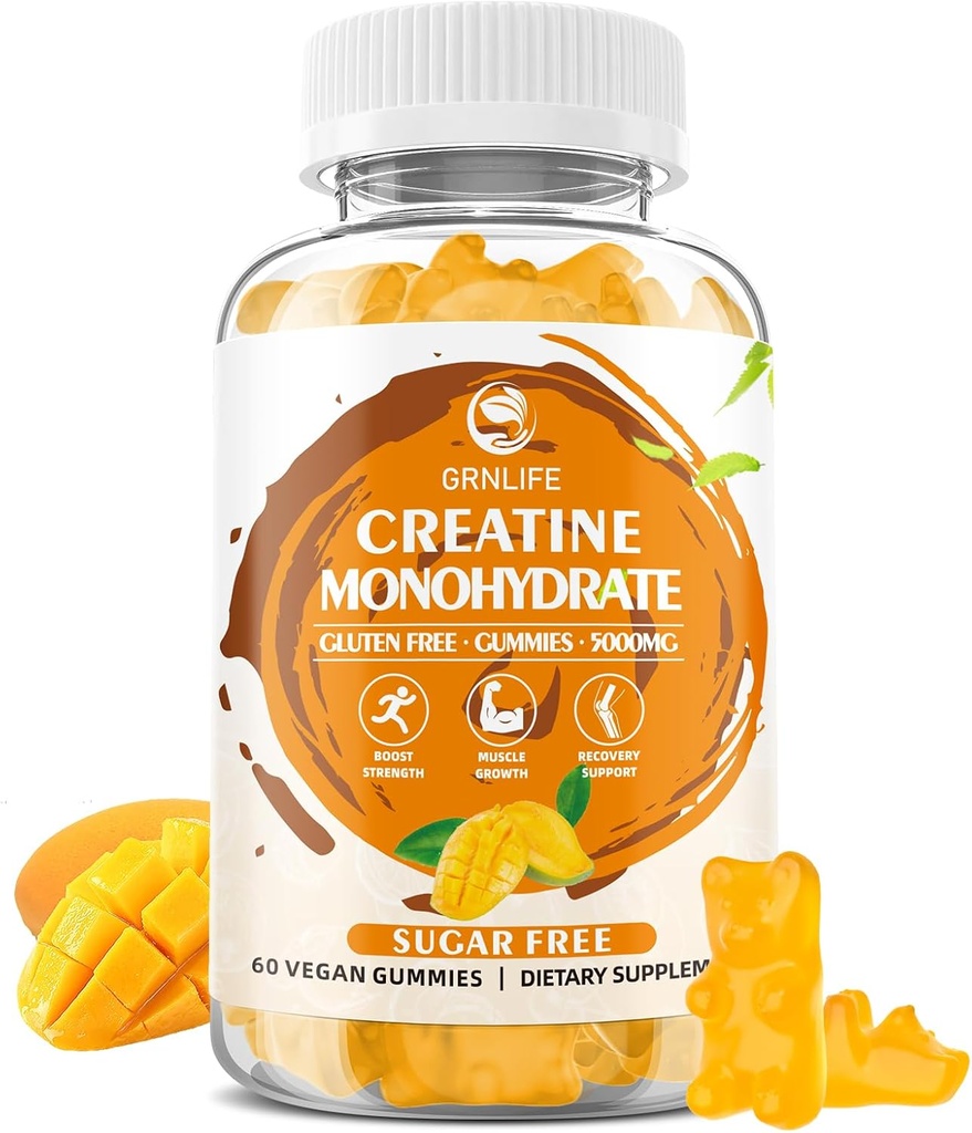 Jednowodzian kreatora Gummie dla mężczyzn i kobiet, Jednowodzian do żucia, Jednowodzian kreatora dla mięśni, Budowniczy mięśni, Energy Boost, Bez cukru, Wegan, Mango Flavor- 60 Count