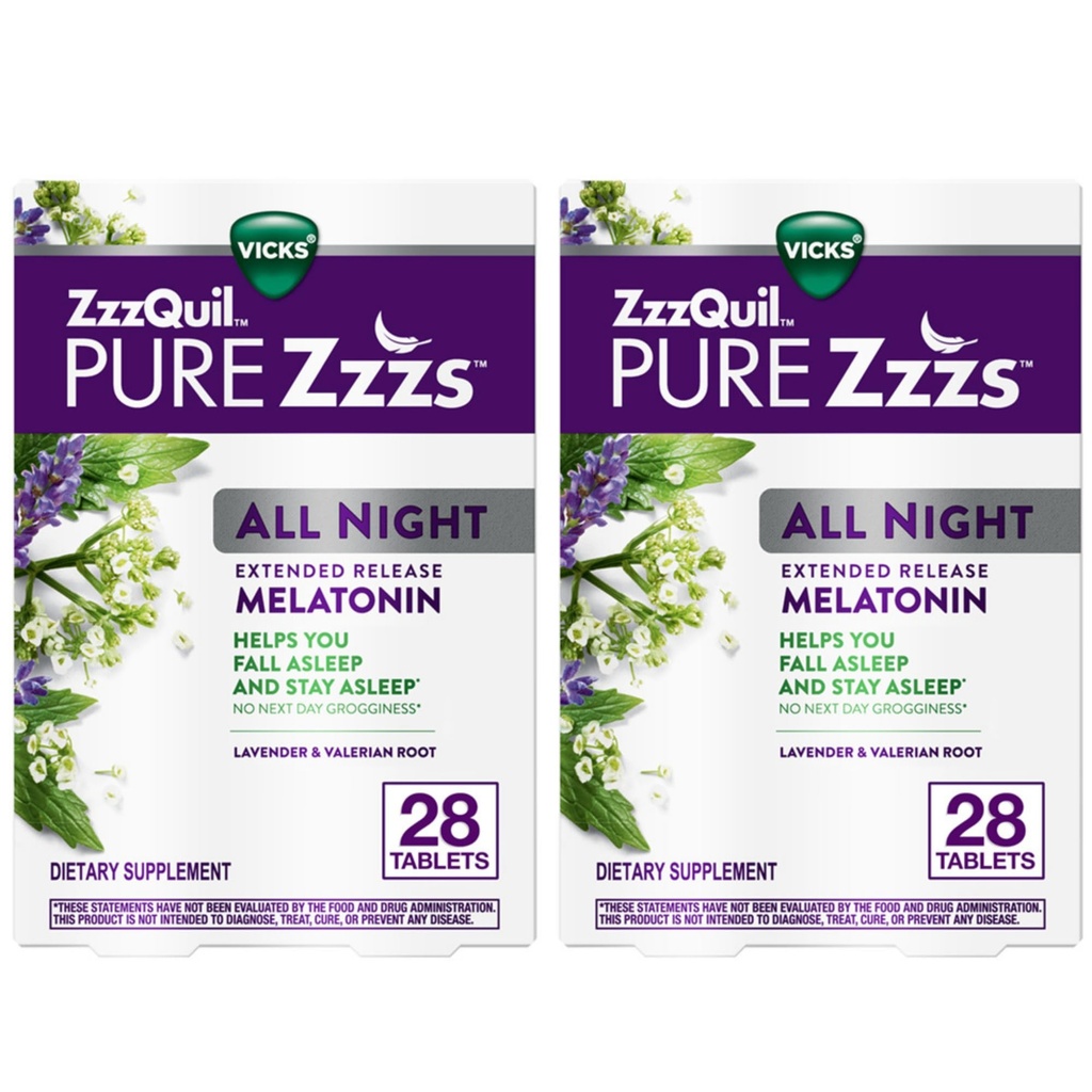 ZzzQuil Pure Zzzs All Night Extended Release, Melatonin Sleep Aid Tablets, Pomaga Ci pozostać w śnie dłużej, Pomoc snu dla dorosłych, 2 mg na tabletkę, 56 Wszystkich tabletek (2 opakowania po 28)