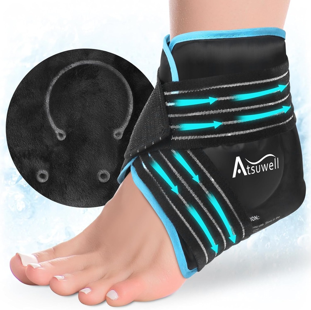 Atsuwell Ankle Ice Pack Wrap, wielokrotnego użytku żel Ice Pack for Foot Ankle Heel, Foot Ice Wrap z miękkim pluszowym Linning, Cold Compress Therapy for Soothing Discomfort, Czarny