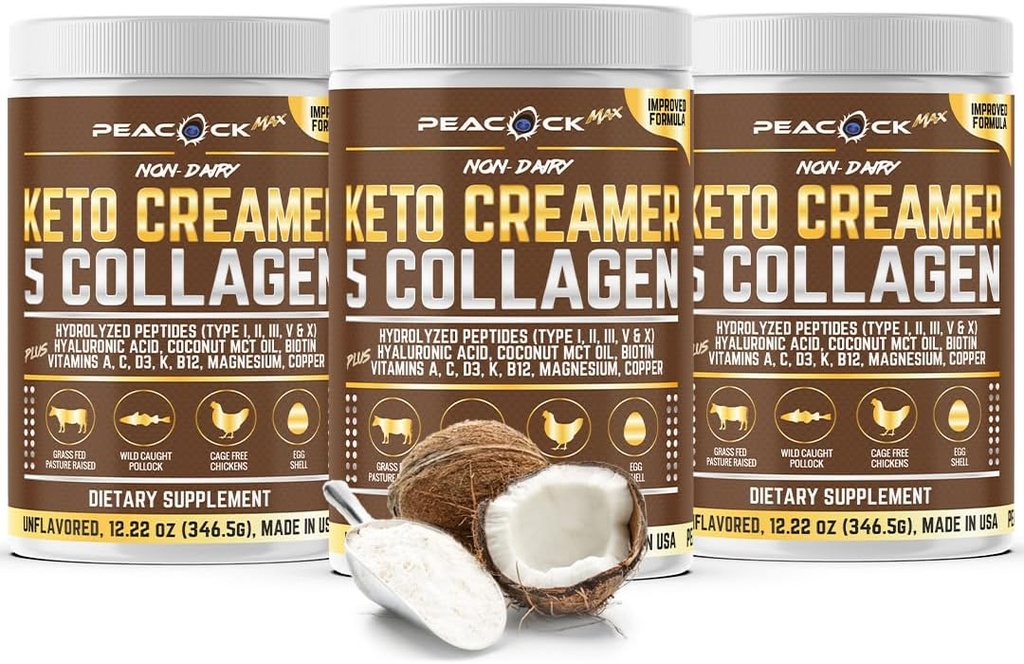 Kolagen Keto Coffee Creamer Proszek 12.22 oz, Opakowanie 3, Zhydrolizowany Kolagen Peptydy z kokosowym MCT Olej, Magnez, Proszek białkowy niearomatyzowany, Bezcukrowy krem do kawy dla koktajli