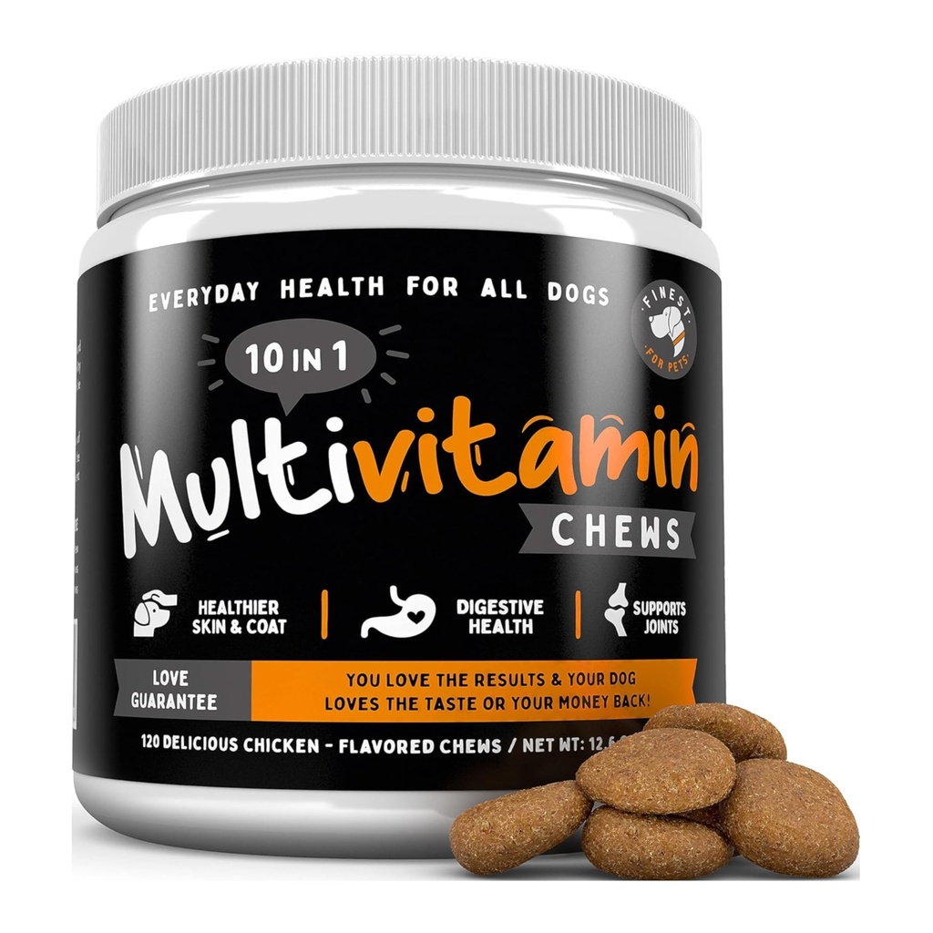 Finest for Pets Multivitamin Dog Supplement - 10 w 1 z Omega Fish Oil & Glukozamina dla Ulepszonego Joint & Skin Support, Gut, Trawienie i Immune Everyday Health (120 Leczenie do żucia)