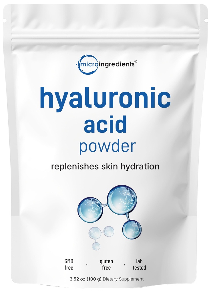 Micro Składniki Hyaluronic Acid Serum proszek, 100 Gramy 124; Niska masa cząsteczkowa, Cosmetics Stopień 124; Nawodnienie skóry i nawilżenie Suplementy wsparcia 124; Wegan, Rozpuszczalny w wodzie (W ciągu 2 godzin)